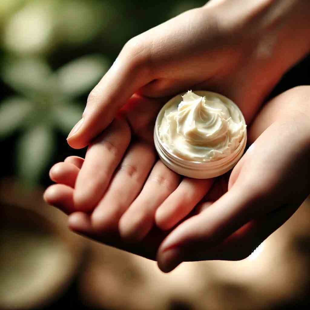 Hands holding a small jar of creamy shea butter for skin and hair care.