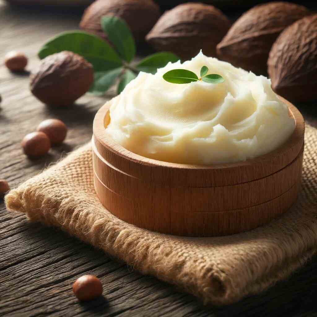 Creamy shea butter in wooden bowl with nuts on rustic table.