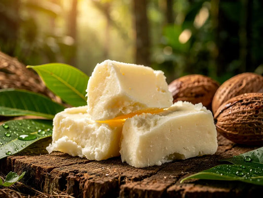 Open jar of raw shea butter showing natural texture and color.