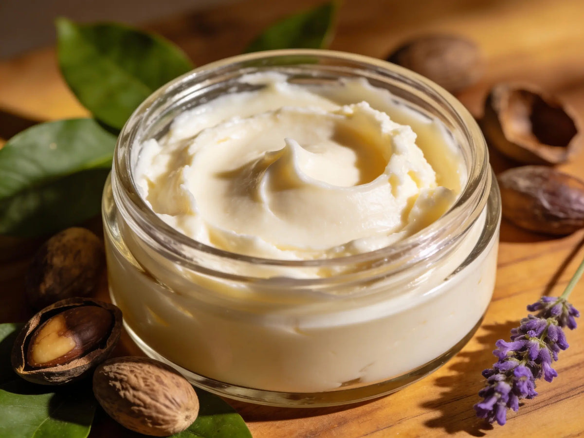 Raw Shea Butter displayed in a natural skincare setting.