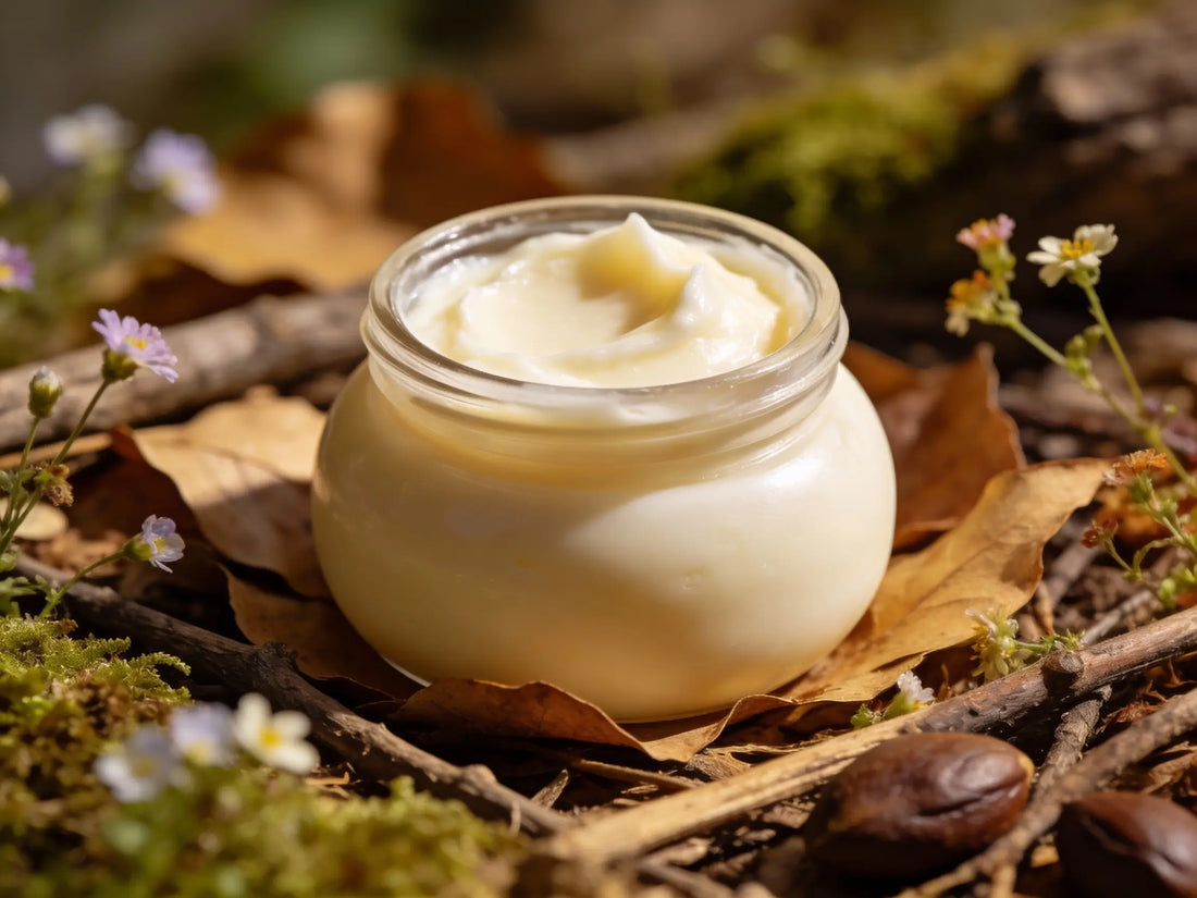 Close-up of a woman applying shea butter to dry hands and elbows with a jar of unrefined shea butter nearby.