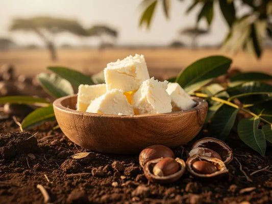 Close-up of raw unrefined shea butter with a natural greenish tint.