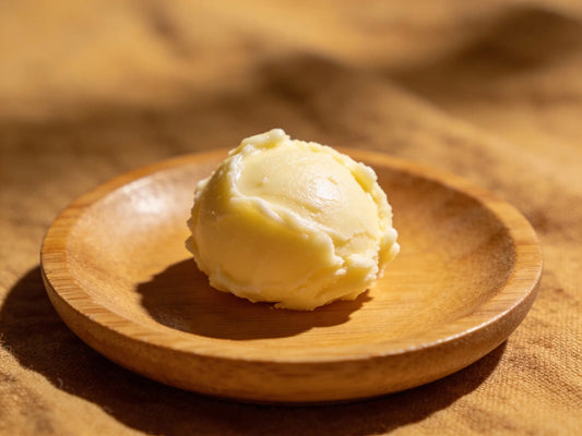 A jar of raw shea butter beside minimal skincare bottles, with a caption that suggests replacing them with a single natural product.