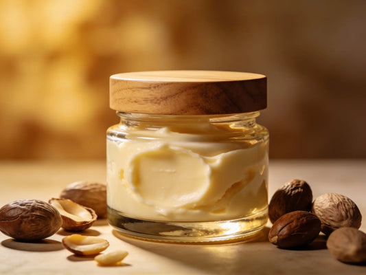 Close-up of raw shea butter in a glass jar next to a woman applying it to her face after showering.