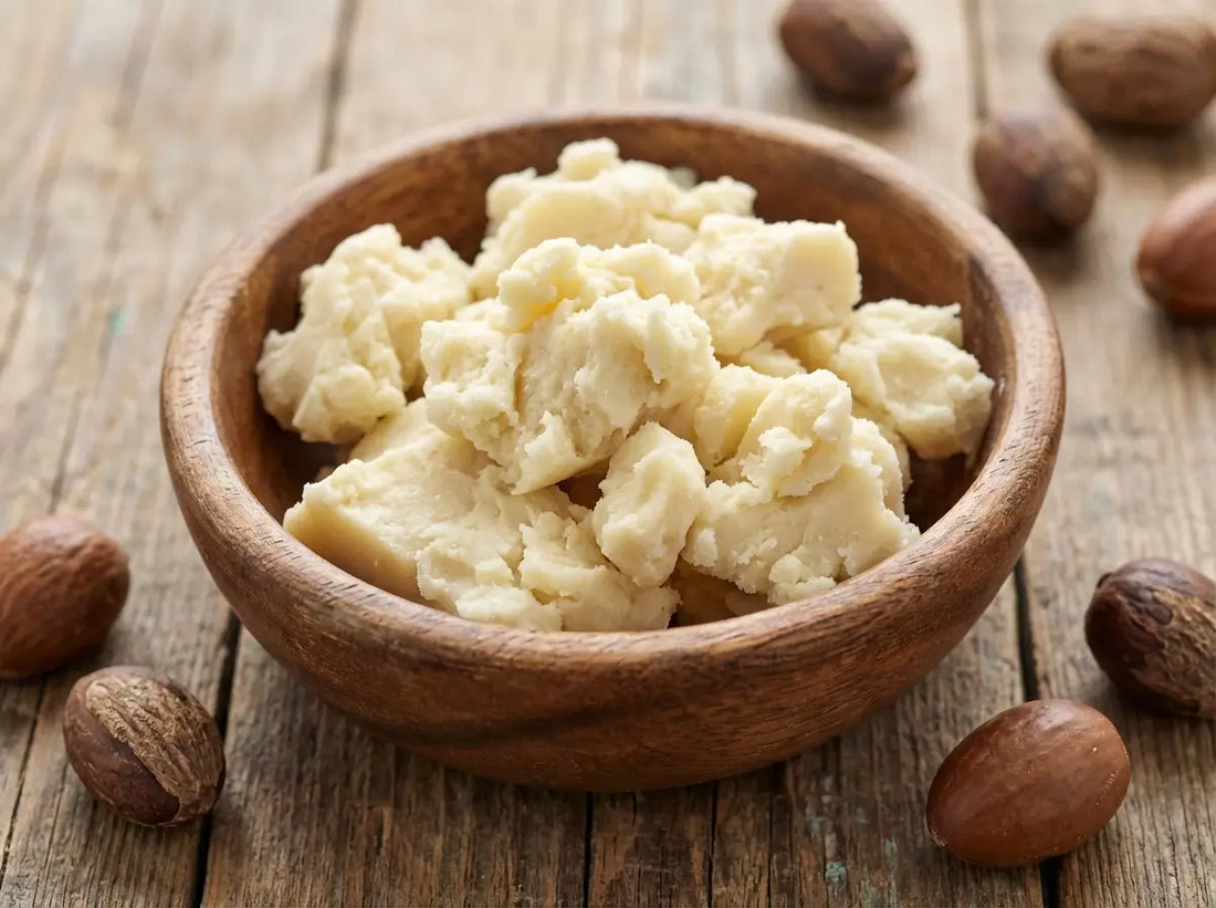 A glass jar of raw shea butter next to photos of dry hands, stretch marks, and glowing healthy skin — showing before and after effects.