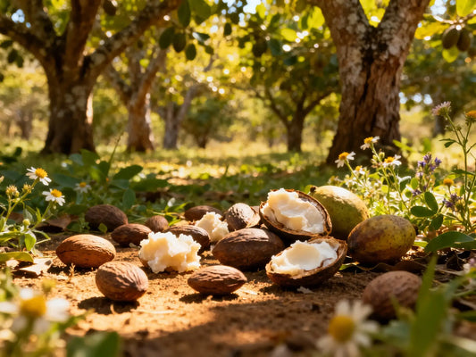 Unrefined Shea Butter in a wooden bowl surrounded by shea nuts.