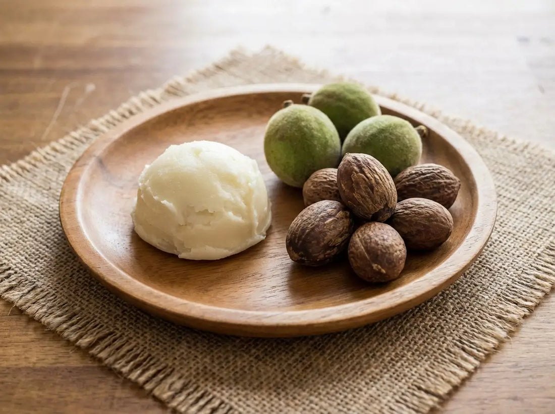 Solid raw Shea Butter in a jar during cold weather.