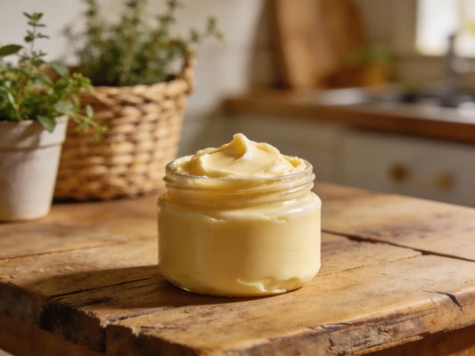 Woman applying shea butter to her cheek during a morning skincare routine, with sunlight streaming through the window.