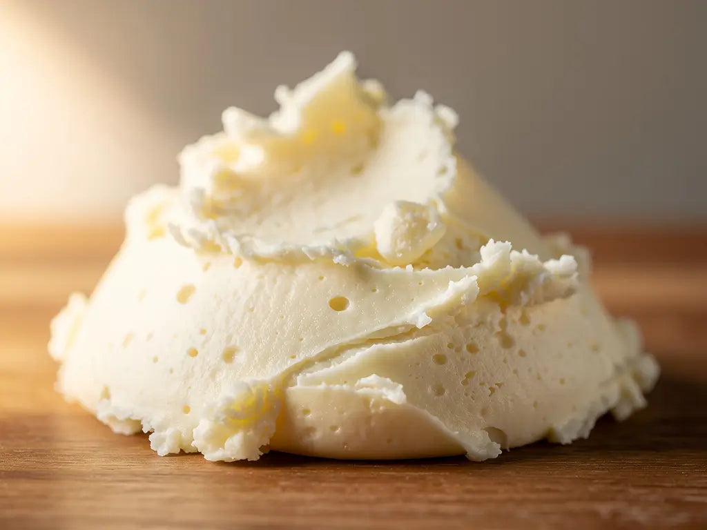 Raw and refined Shea Butter shown side by side for comparison.