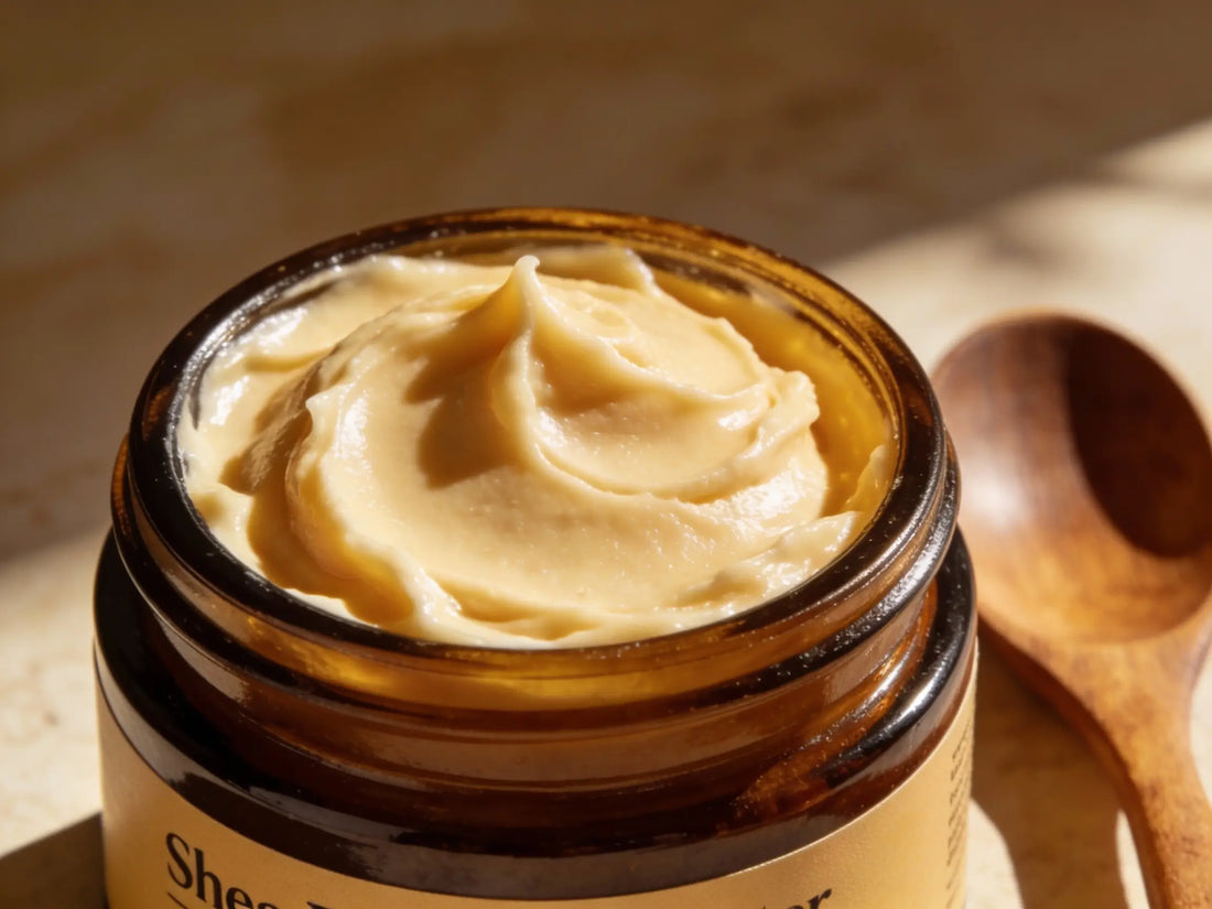 Raw shea butter in a wooden bowl on fabric, symbolizing a natural skincare alternative to chemical-based products.