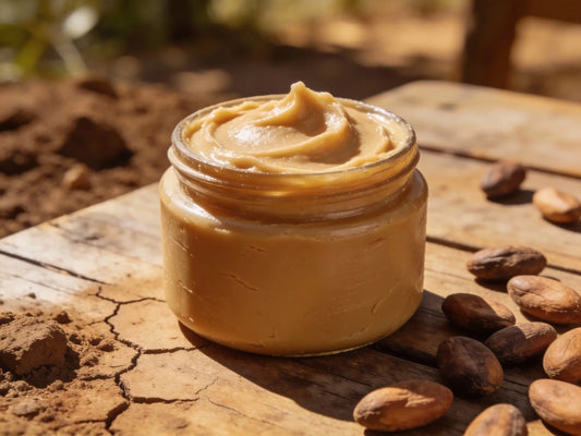 Side-by-side comparison of raw unrefined and processed refined shea butter in glass jars on a neutral background.