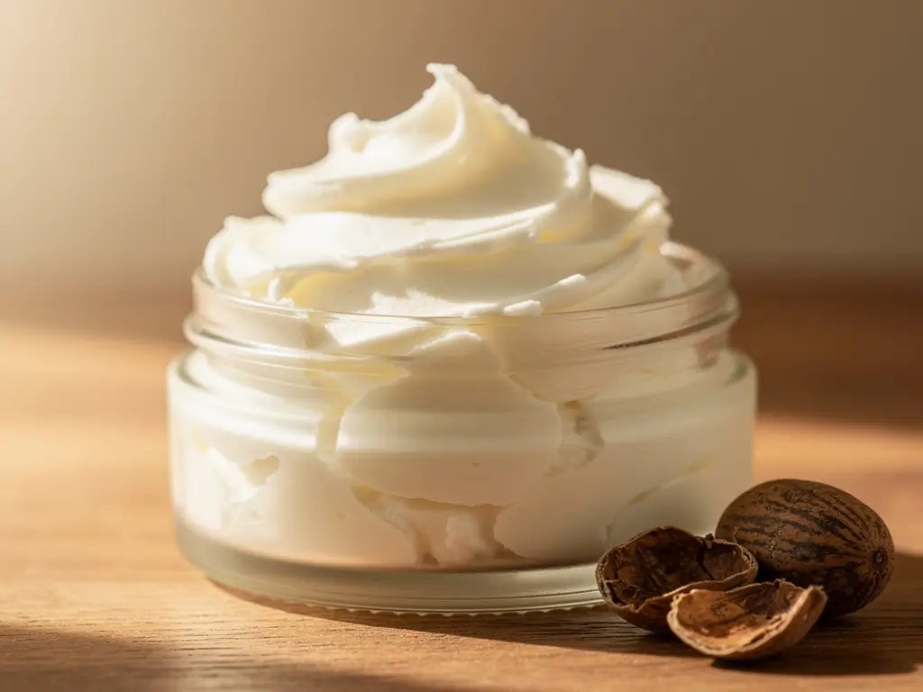 Open jar of raw Shea Butter showing natural texture and color.