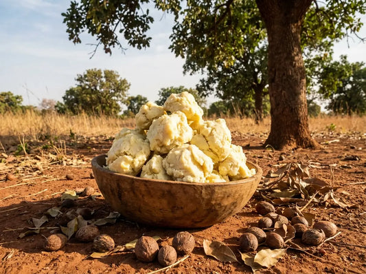 Jar of shea butter surrounded by crossed-out skincare bottles, representing budget-friendly minimalism.
