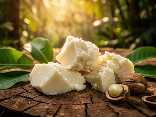 Unrefined Shea Butter in a natural wooden bowl surrounded by raw shea nuts.