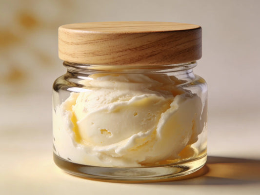 Applying raw Shea Butter to skin with stretch marks.