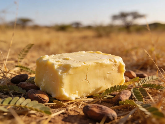 Wooden bowl with raw shea butter and a wooden spoon on a neutral background – illustrating common shea butter myths for skincare.