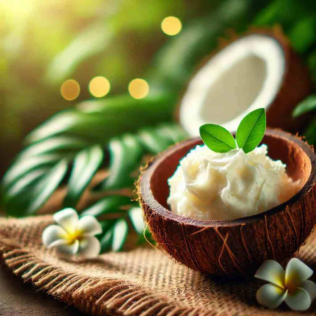 Shea butter in coconut shell with tropical leaves and flowers.