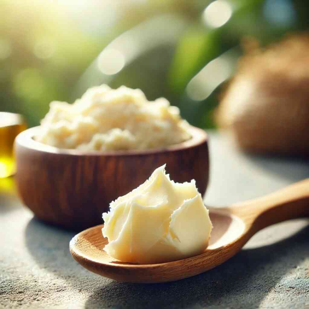 Raw shea butter in wooden bowl and spoon under natural sunlight.