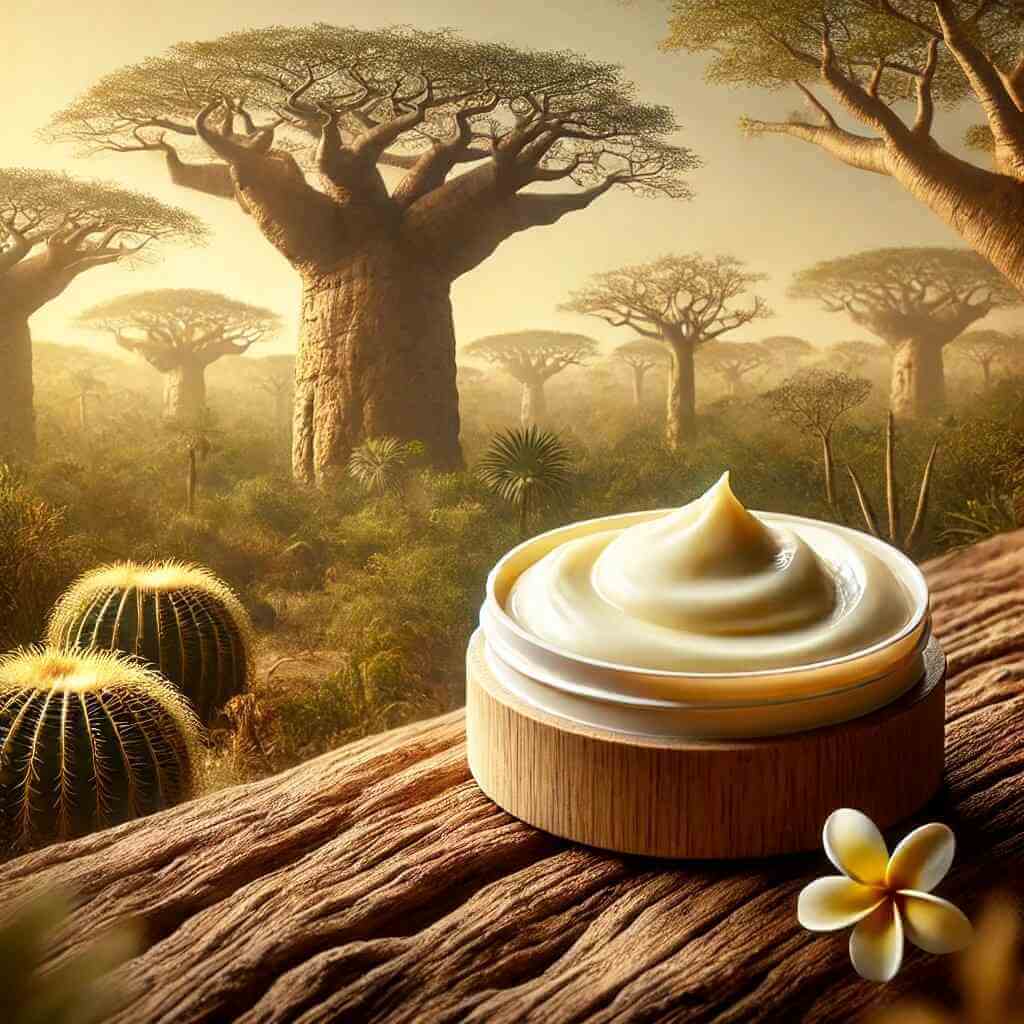 Shea butter cream in African savanna with baobab trees and cactus.