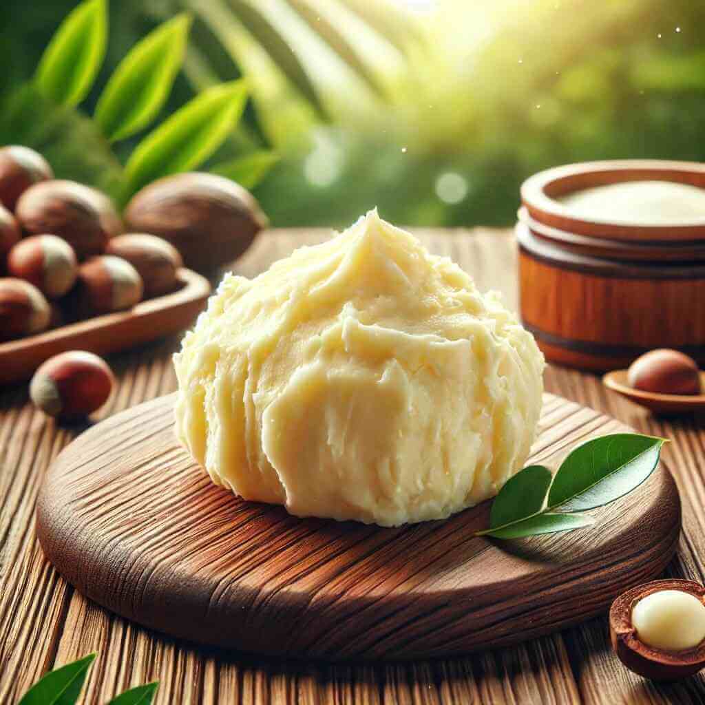 Raw shea butter with nuts and leaves on wooden table in natural light.