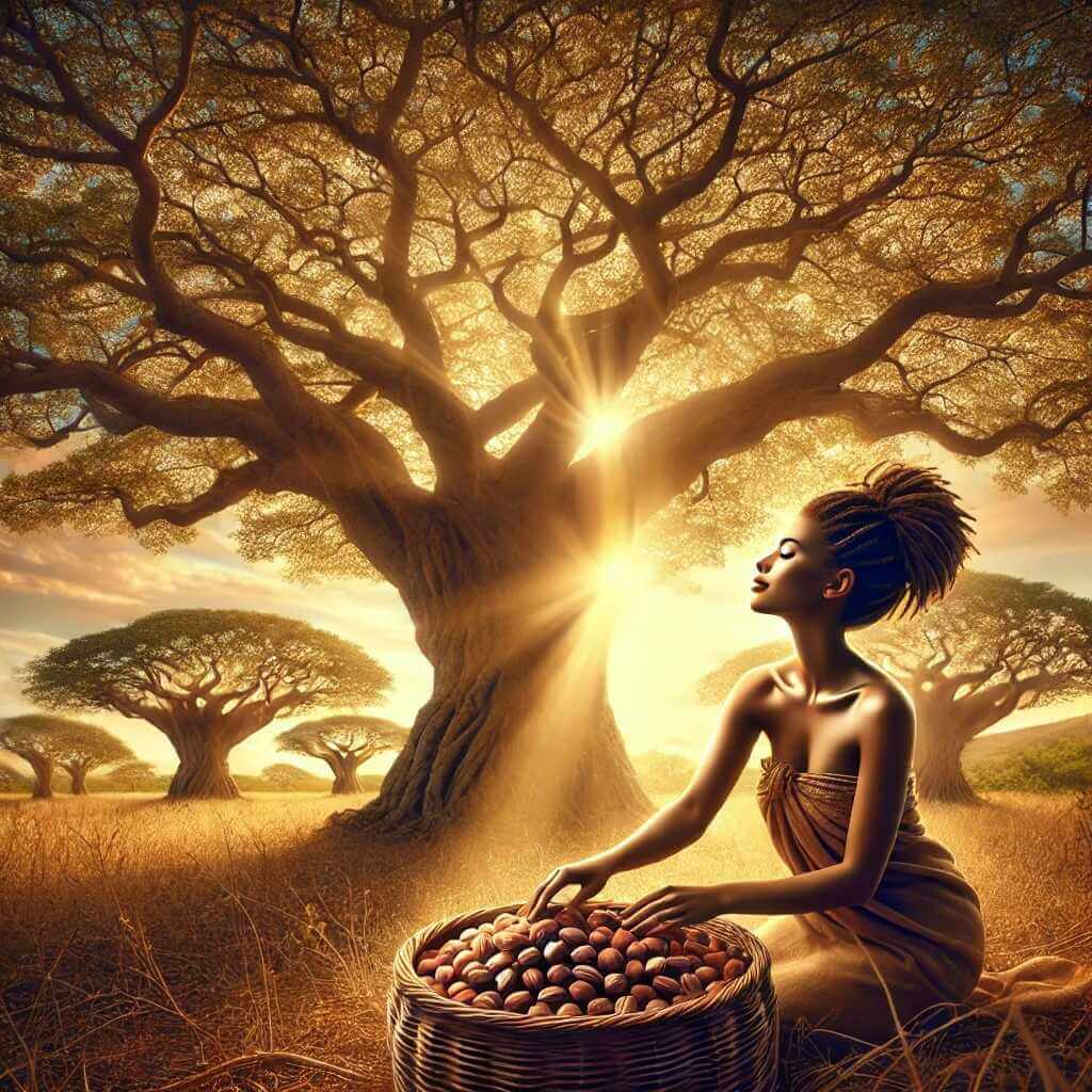 Woman harvesting shea nuts under golden baobab trees at sunset.