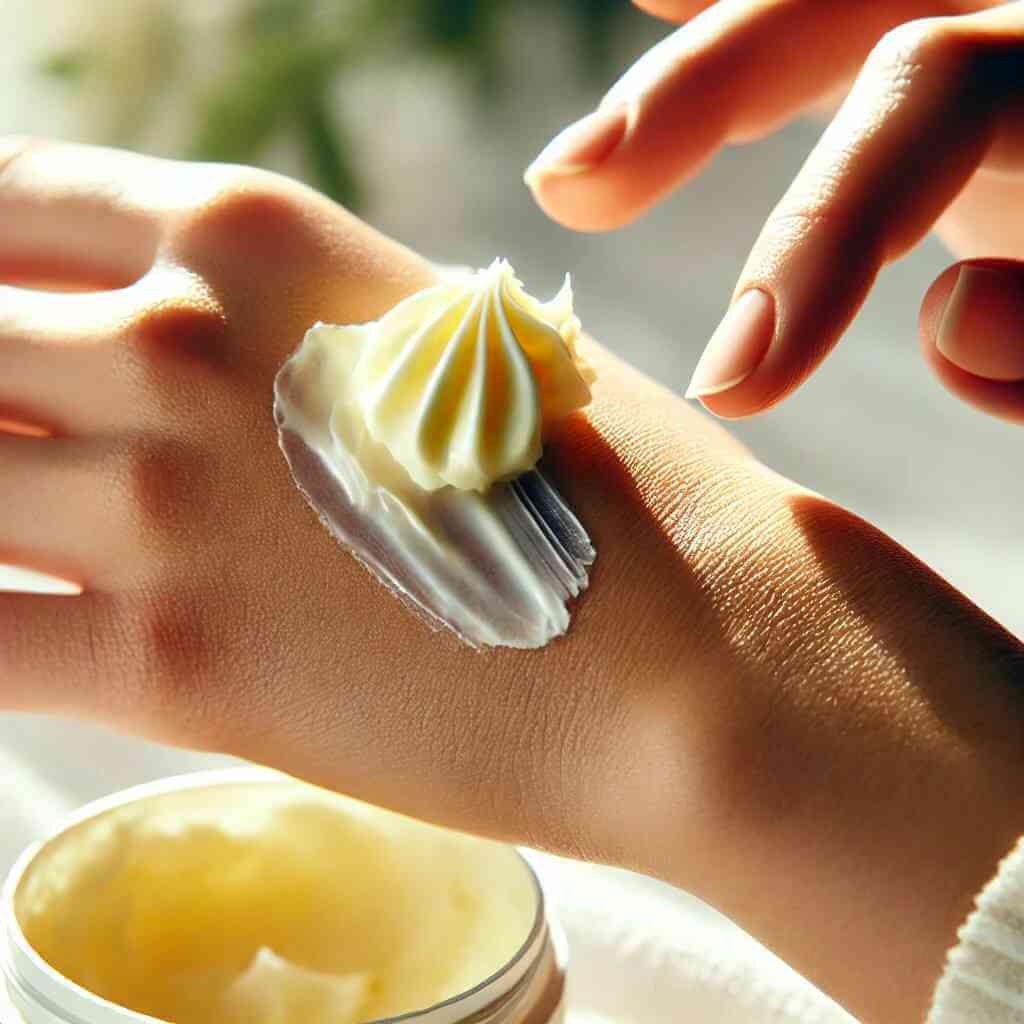 Nourishing shea butter applied to skin for healthy glow and hydration.