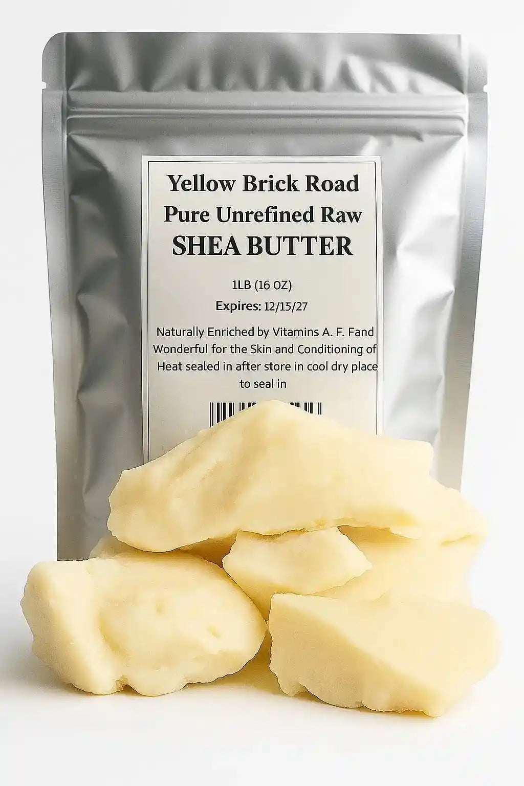 Shea Butter for Skin and Hair – A 1 lb bag of raw, unrefined shea butter with solid, creamy chunks in front. Ideal for nourishing skin and hair naturally.