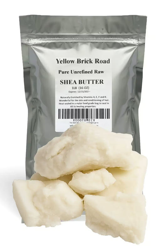 Shea Butter for Skin and Hair – A 1 lb bag of raw, unrefined shea butter with solid, creamy chunks in front. Ideal for nourishing skin and hair naturally.